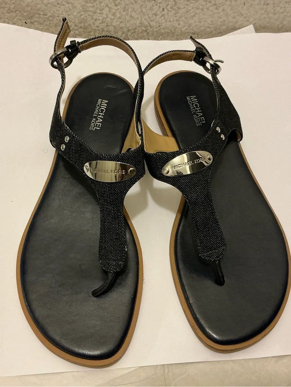 Michael Kors denim  Leather T-Strap Logo Sandals 9M